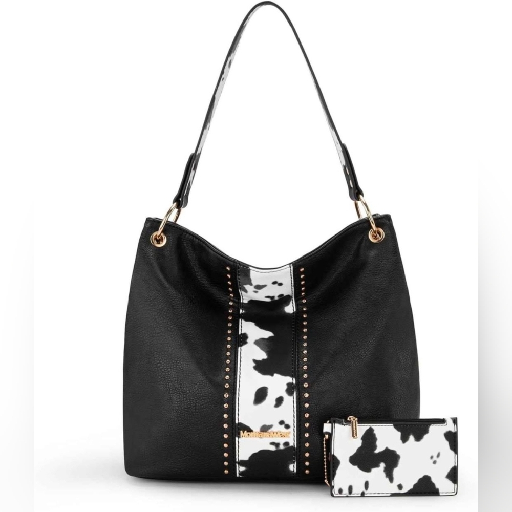 Montana West Cow Print Medium Hobo Handbag Vegan Leather With Top Handle NWT